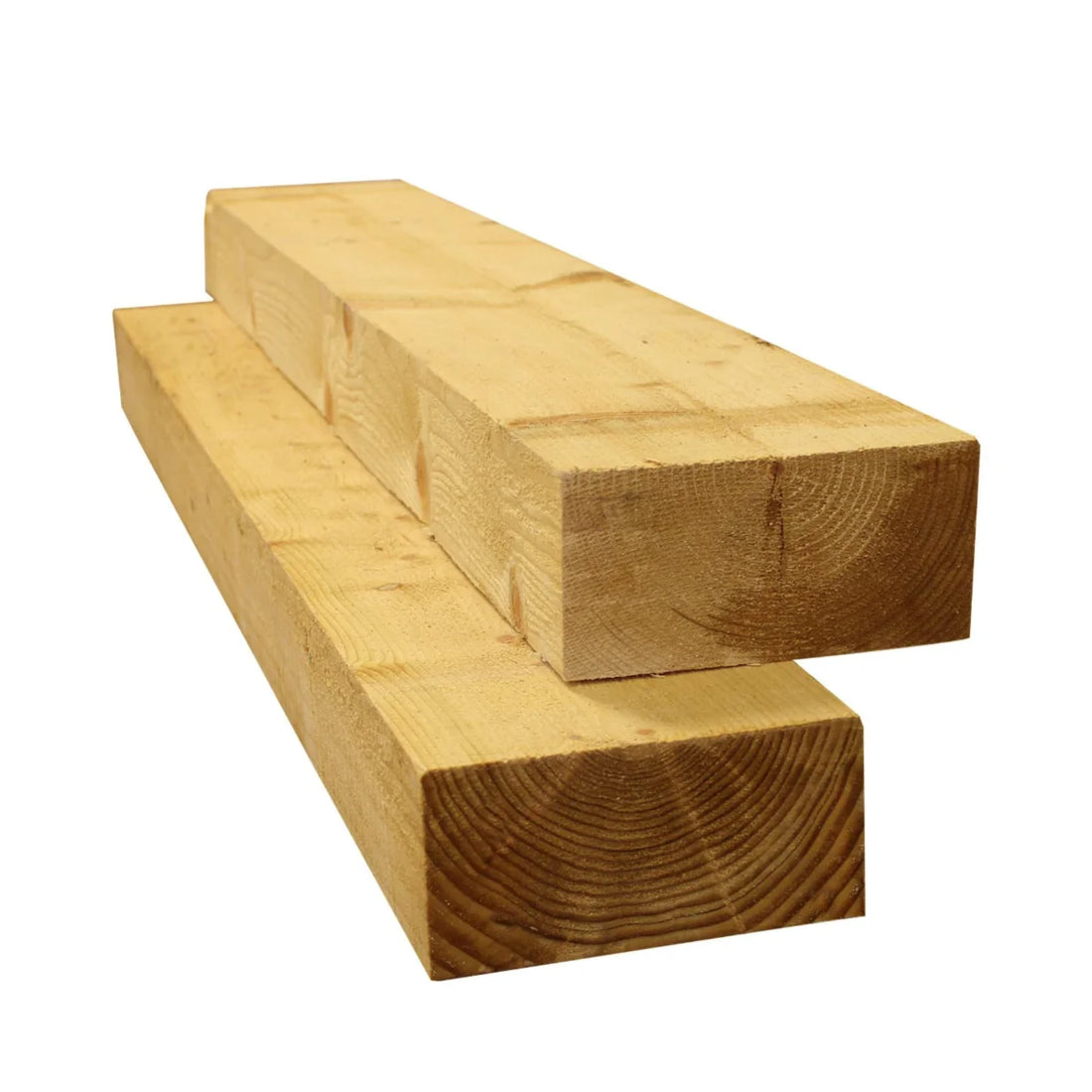 Two sawn green-treated timber sleepers showing their rectangular ends and grain