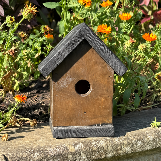 Classic reclaimed timber birdhouse painted – the kind of result kids can create with the Paint Your Own Birdhouse Kit