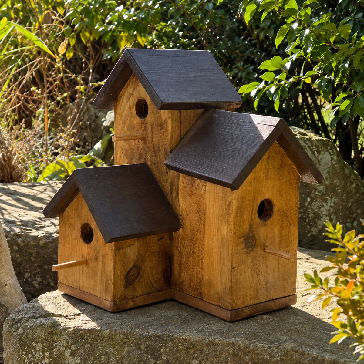 Painted example of the Triple Reclaimed Timber Birdhouse. Unpainted option is supplied without paint.