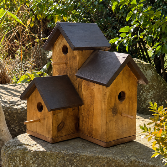 Painted example of the Triple Reclaimed Timber Birdhouse. Unpainted option is supplied without paint.