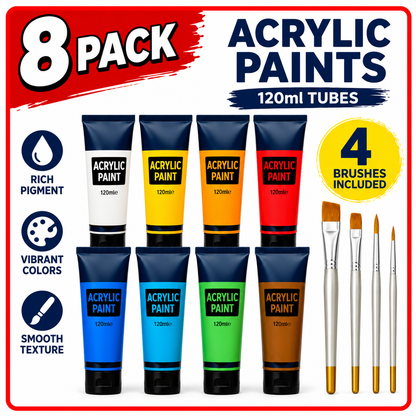Optional Standard painting kit: 8 acrylic colours, 120ml per tube, and 4 brushes. Included only with the Standard kit choice. Packaging may vary.